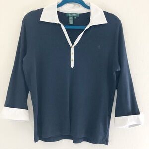 Ralph Lauren Navy with White Collar Half Button Blouse size Medium
